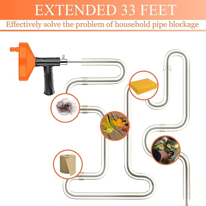 Drain Snake Auger (33 Feet), Plumbing Snake Drain Hair Clog Removal Tool, Heavy Duty Sink Unclogger Drain Cleaner Tool for Bathroom Kitchen Tub Shower with Gloves