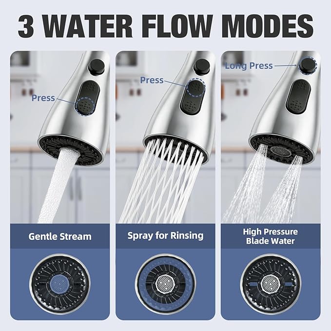 Kitchen Faucet Head Replacement, 3-Function Pull Down Spray Head with 9 Adapters, Sink Faucet Spray Head Compatible with Moen, Delta, American Standard Faucet, etc, Chrome