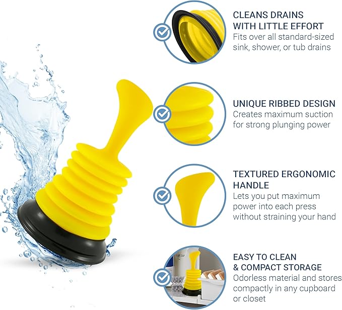 Meadow Lane Small 7" Sink Plunger - Mini Clog Remover for Kitchen & Bathroom Sink Drains - Hand Ergonomic, Space-Saving & Powerful Suction - Universal Fit for Home or Commercial Use, Yellow, 2-Pack
