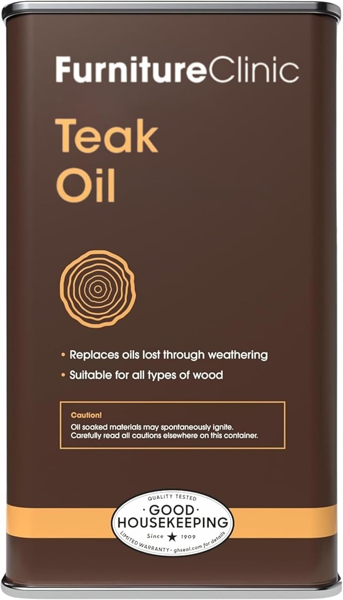 Furniture Clinic Teak Oil | 10x More Teak Oil | 170fl oz / 5 Liter | Wood Oil Protects & Cleans Outdoor & Indoor Furniture, & Boats | Restore & Protect Wood, Prevent Drying | Natural Matte Finish