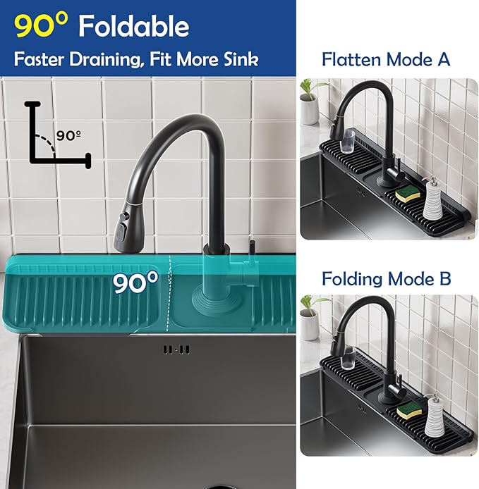 24"Longer Silicone Faucet Mat For Kitchen Sink Splash Guard -7° Slope Snap Lock- Sink Faucet Mat Splash Guard Kitchen Sink Area Silicone Sink Water Splash Guard Behind Faucet (Black, 24"x5.5")