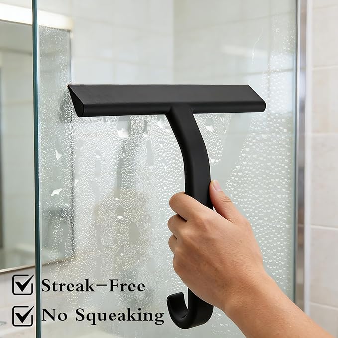Shower Squeegee for Glass Doors - Squeegee for Shower Glass - All-One-Piece Silicone Cleaner with Built-in Hook for Bathroom, Glass, Mirror, Tile, Car & Kitchen (Black)