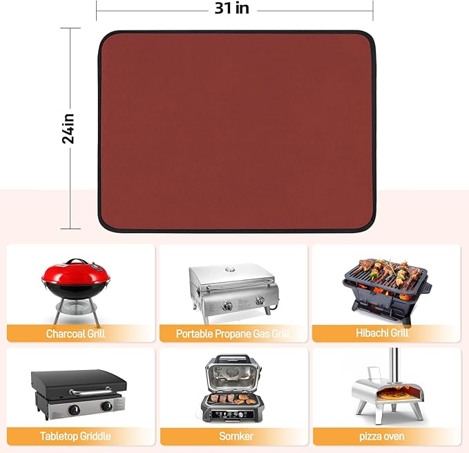 24x31in Heat Resistant Grill Mats for Outdoor Grill to Protect Your Prep Table and Outdoor Grill Table - Fire Proof & Water Proof & Oil Proof BBQ Mat - Red（1mm）