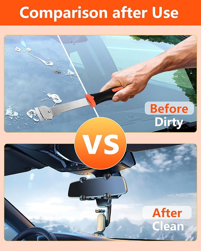 Razor Blade Scraper, Long Handle Scraper Tool with 10 Plastic and 10 Metal Blades - Ideal for Removing Labels, Stickers, Appliance Grease, and More from Windshields, Tint, and Glass (Orange)
