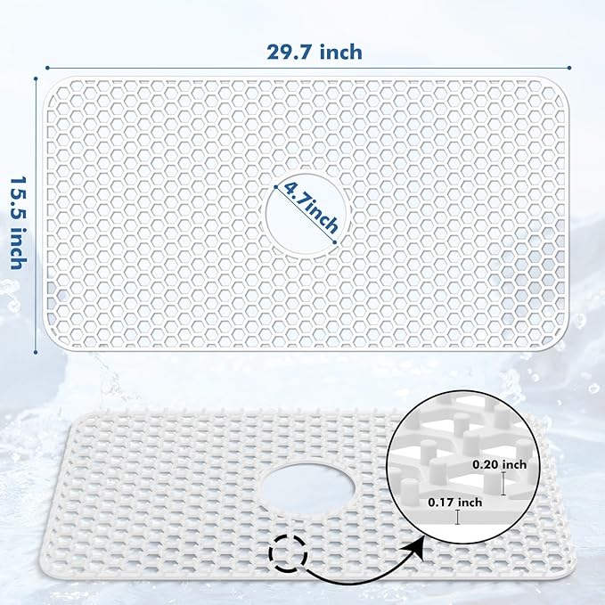 Silicone Sink Protectors for Kitchen Sink with Center Drain - 29.7"x 15.5" Kitchen Protector Accessory, Non-Slip Heat Resistan Mat for Bottom of Farmhouse Stainless Steel Porcelain (White)