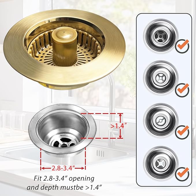 Kitchen Sink Drain Strainer, 3 in 1 Pop Up Kitchen Sink Stopper, with an Extra Basket Strainer, Universal for US Standard 3-1/2 Inch, Brushed Gold