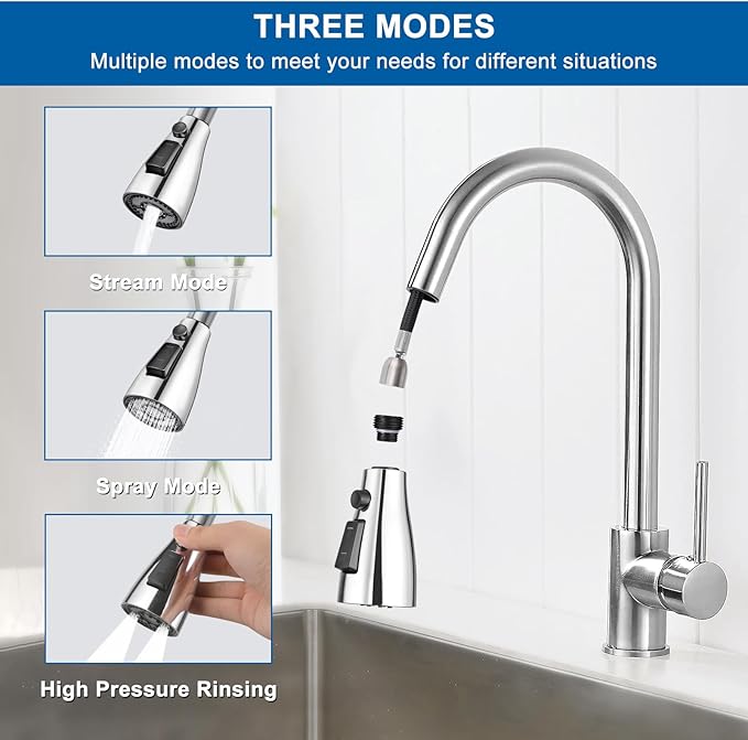 Kitchen Faucet Head Replacement, Premium 3 Function Pull Down Spray Head with 9 Adapters, Kitchen Sink Faucet Head Compatible with American Standard, Moen/Delta Faucets, Chrome