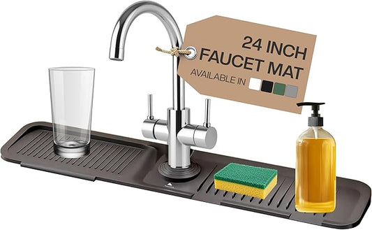 24 Inch Silicone Faucet Mat for Kitchen Sink Longer Splash Guard Behind Faucet Fast Draining 5° Slope Sink Protector Water Catcher Draining Mat Black