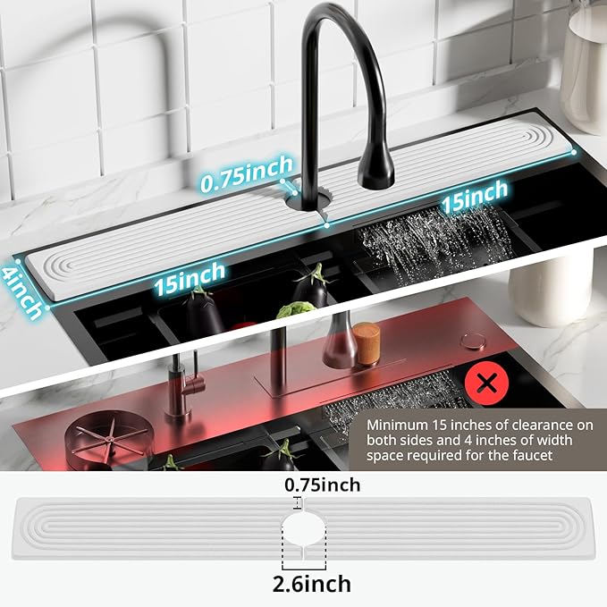 Sink Splash Guard - 30" Absorbent Stone Sink Tray for Kitchen and Bathroom Faucets - Durable Diatomite Mud Faucet Mat for Countertops - White