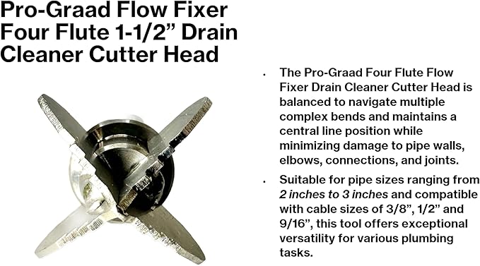 1.6” Spear 4 Flute Flow Fixer Drain Cleaner Plumbing Snake Cutter Head for 2” – 3” Pipes, Clears & Scrapes Inner Walls, Fits 3/8” 1/2" or 9/16” Cables, Commercial & Residential Use