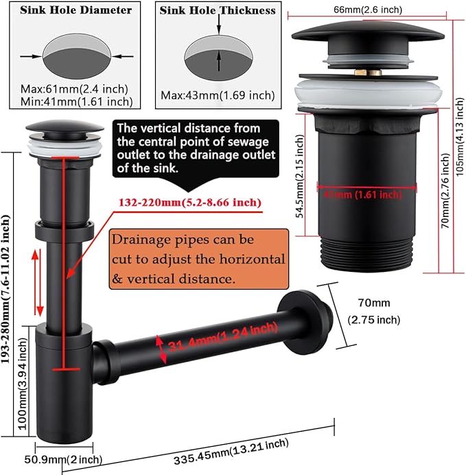RANDOM Black Brass Bottle P Trap Kit Contemporary Round Bottle P-Trap 1 1/4 with Pop Up Drain With Overflow Matte Black.83888MB-S6