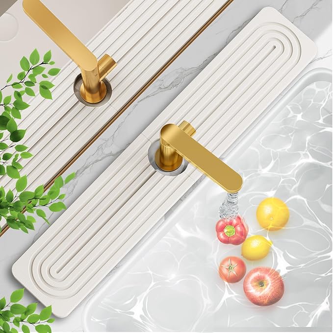 24'' Longer Faucet Mat for Kitchen Sink [Diatomite Stone Super Fast Drying] Stone Faucet Mat for Kitchen Sink Splash Guard Sink Stone Quick Dry around Faucet Stone Drying Mat Bathroom Quick Drying Mat