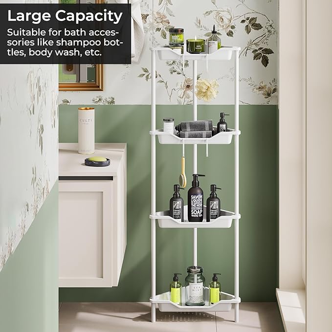 ODesign 4 Tier Corner Shower Caddy,Corner Shower Shelves for Living Room Bedroom Bathroom,Shower Table,Plastic Metal Splicing Ground Cabinet Storage Rack,10.8 x 10.8 x 44.6 inches White-Rustproof