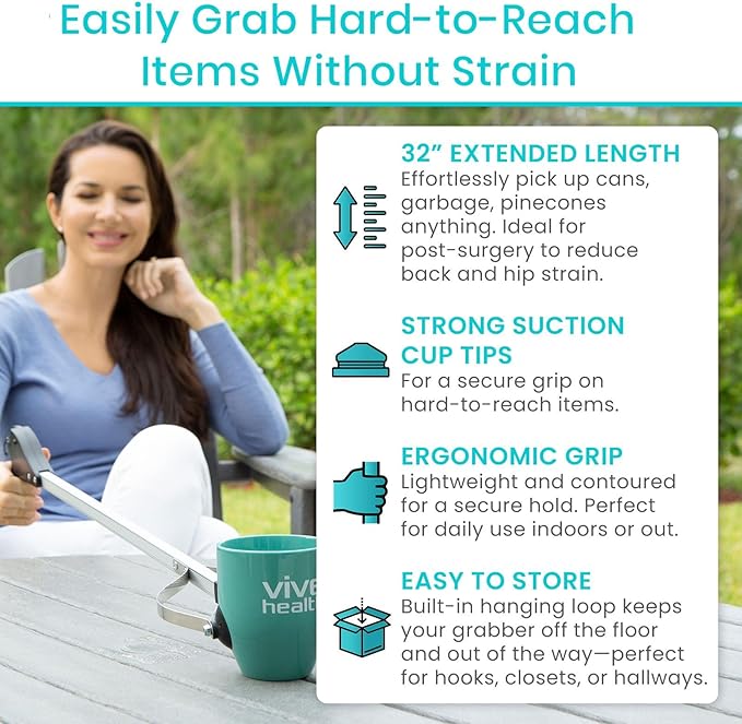Vive Suction Cup Grabber Reacher 32" - Elderly Grab It Reaching Pickup Tool Heavy Duty for Seniors - Trash, Sticks, Litter Picker Upper - Extra Long Reach Handle & Handy Extension Arm Claw