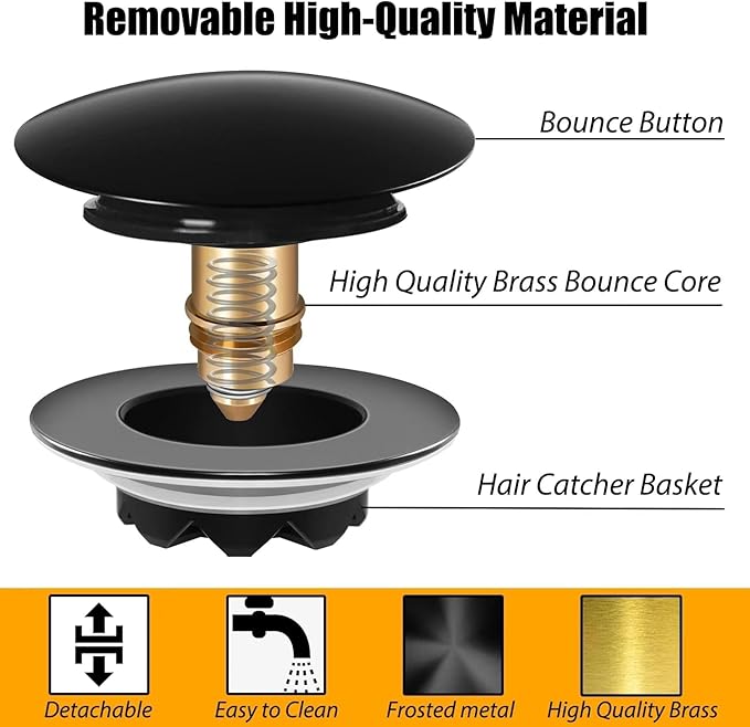 Bathtub Drain Stopper, Pop Up Tub Stopper and Cover, Bottom with Hair Catcher, Universal for 1.45 to 1.8in Drain, Replaces Old Drain Plug, Matte Black
