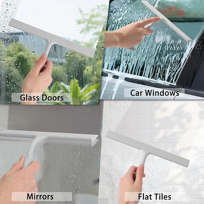 Shower Squeegee for Glass Doors, 2-in-1 Silicone Shower Squeegee with Hook,Hang Anywhere | Streak-Free Bathroom Squeegee | Household Window Mirror Squeegee for Bathroom, Glass, Tile Wall, Car | Gray