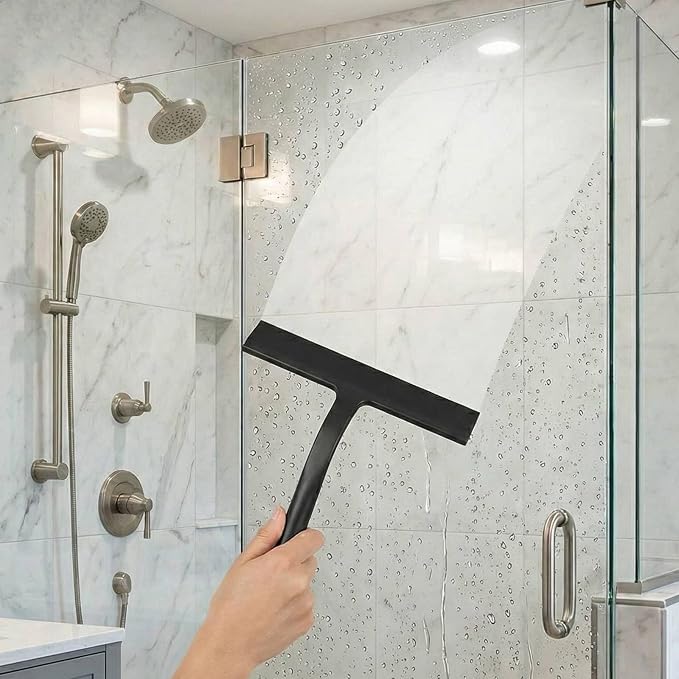 Shower Squeegee for Glass Doors, Hang Anywhere Silicone Shower Squeegee with Hook Design for Easy Hanging and Cleaning (Black)