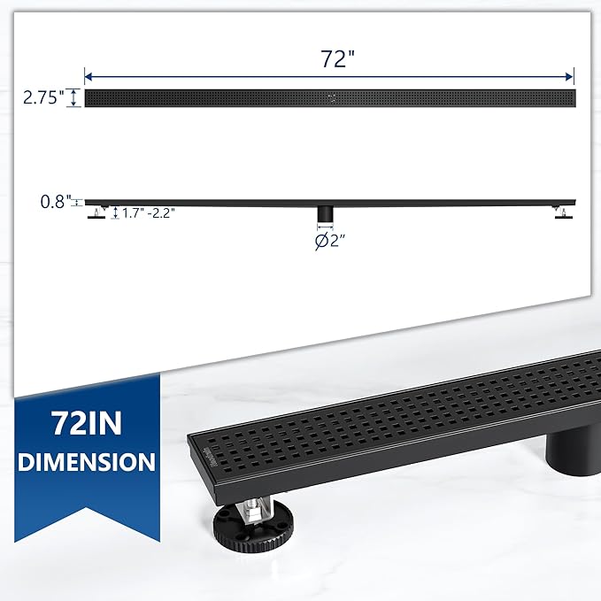 Neodrain 72-Inch Black Linear Shower Drain with Removable Quadrato Pattern Grate,Professional 304 Stainless Steel Rectangle Shower Floor Drain Manufacturer,Leveling Feet,Hair Strainer,Matte Black