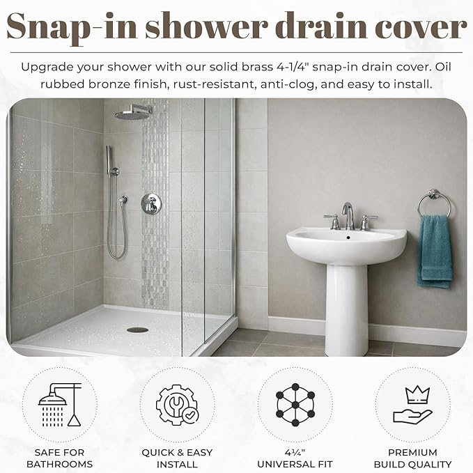 4 ¼” Venetian Bronze Snap-in Shower Drain Cover - Solid Brass Construction - 4.25" OD Drain Strainer - Easy Install - Premium Round Cover - Oil Rubbed Bronze Replacement Grate