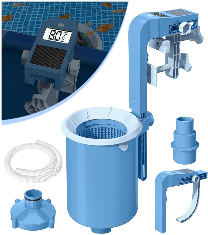 BluSwim Above Ground Pool Skimmer with Solar Digital Thermometer | Wall Mount Surface Skimmer - Auto Skimming Pool Floating Debris | 2 Upgraded Bracket - Stable&Height Adjustable-Steel Blue