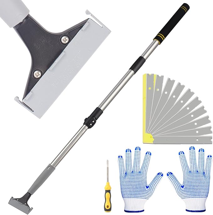 4"Razor Blade Floor Scraper with Long Handle,61in Adjustable Floor Scraper Heavy Duty with 10PCS Extra Metal Blades Paint Scraper for Cleaning Stickers Gum Glass Wall Tile (Silvery 52in)