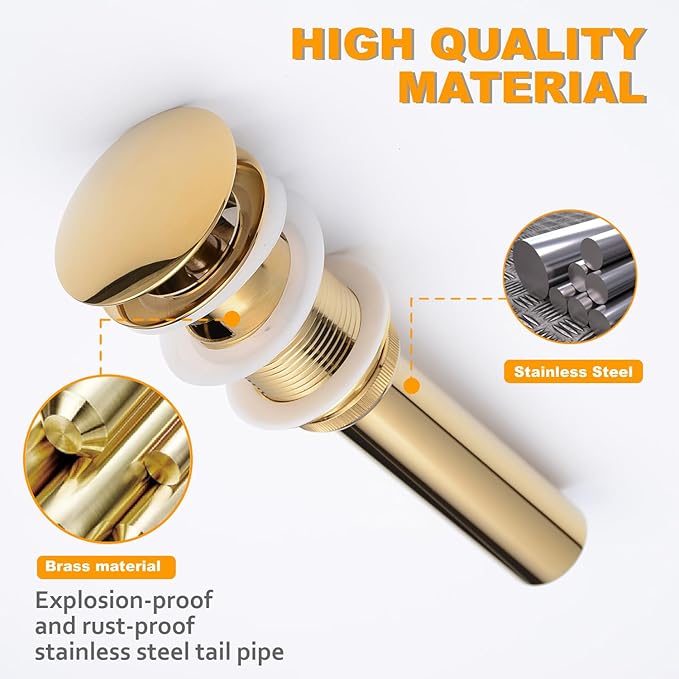 Beelee Pop Up Drain Stopper with Overflow, Gold Sink Drains for Bathroom, Vanity Vessel Sink Drain in Brass, Polished Gold