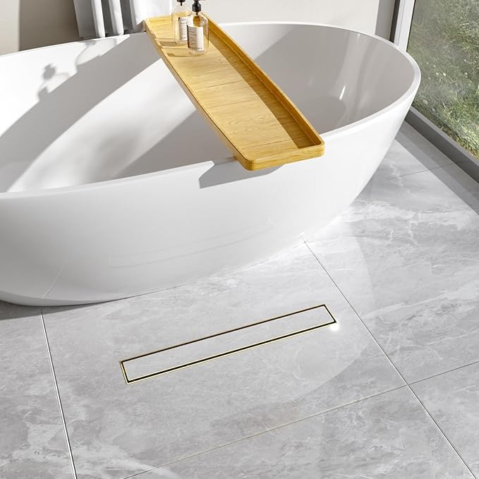 28-Inch Linear Shower Drain with Tile Insert Grate, SUS 304 Stainless Steel Linear Drain, Brushed Gold Long Rectangle Shower Floor Drain with Leveling Feet, Hair Strainer, Fits Bathroom
