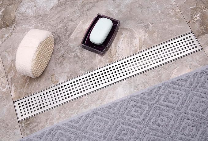 Neodrain 54-Inch Linear Shower Drain with Removable Quadrato Pattern Grate,Brushed 304 Stainless Steel Rectangle Shower Floor Drainr, Linear Drain with Leveling Feet,Hair Strainer