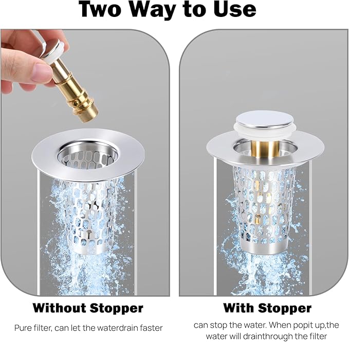 Bathroom Sink Drain Stoppers with Hair Catcher for 1.15-1.3 in,Universal Pop Up Filter Stainless Steel Sink Drain Stopper Anteecana