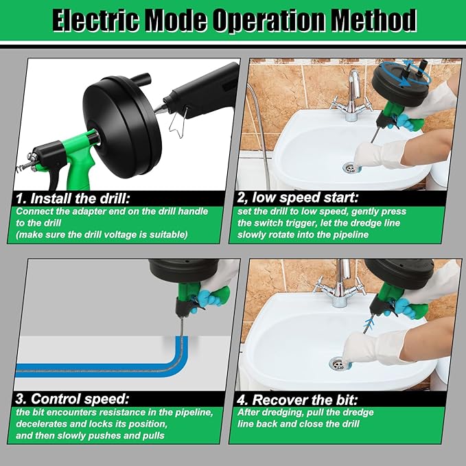 50 Ft Drain Snake, Fast Unclog Snake, Manual & Electric Plumbing Snaker for Shower Sink, Toilet and Kitchen, Drain Auger 50 ft Comes with Gloves and Bag, 1/4 Inch, Green