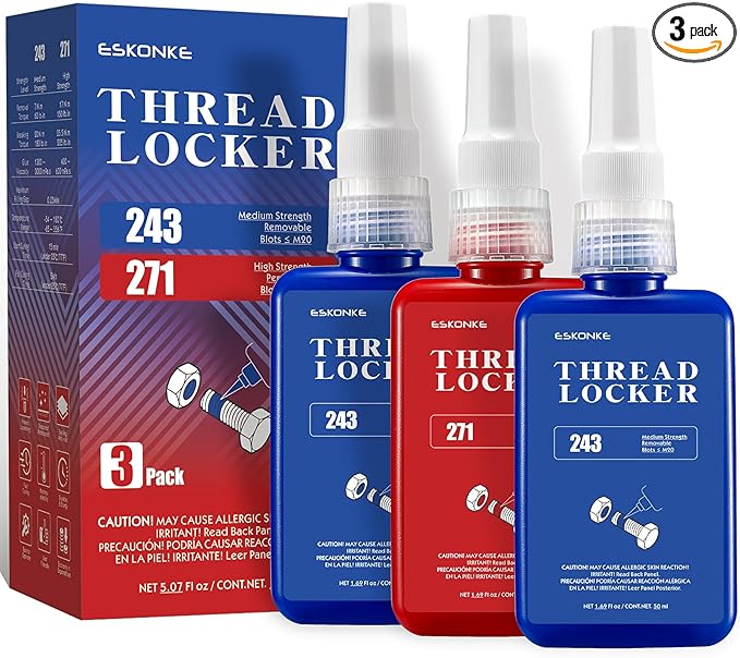 ESKONKE 3 Pack Thread Locker Blue 243 + Red 271 Removable & Permanent Locking 5.07 Fl oz Nuts & Bolts Threadlocker Seal & Lock Tight Fasteners Anaerobic Curing Metal Glue (243 ×2 + 271)