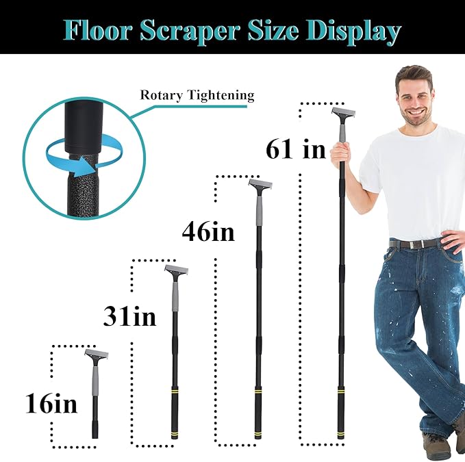 4"Razor Blade Floor Scraper with Long Handle,61in Adjustable Floor Scraper Heavy Duty with 10PCS Extra Metal Blades Paint Scraper for Cleaning Stickers Gum Glass Wall Tile (Black 61in)
