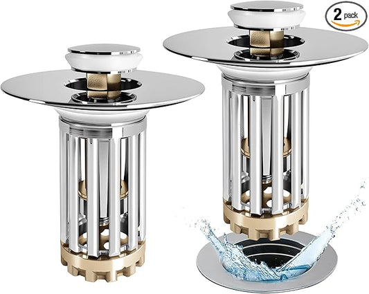 Bathroom Sink Drain Strainer, 2PCS 3 in 1 Pop Up Bathroom Sink Stopper with Removable Brass Basket Hair Catcher, Universal Sink Plug for 1.06 to 1.6in Drain Hole, Chrome Silver