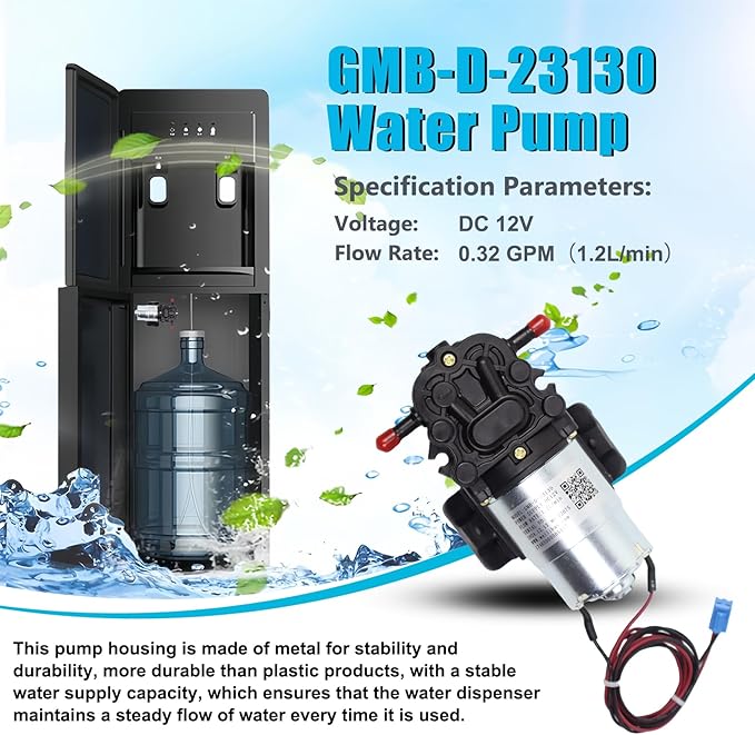 GMB-D-23130 Water Pump, DC 12V, 0.32 GPM, Compatible Primo Water Dispenser Parts, Avalon Water Dispenser Parts, Brio Bottle Bottle Water Cooler Water Dispenser Parts Replacement Replace DP005A2
