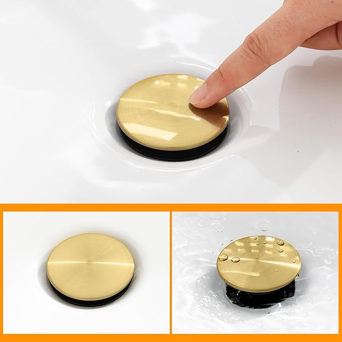 Vessel Sink Drain Without Overflow, Plastic Bathroom Pop up Sink Drain Fit for 1 3/4 Inch Vessel Sink, Built-in Anti Clogging Sink Stopper, Brushed Gold