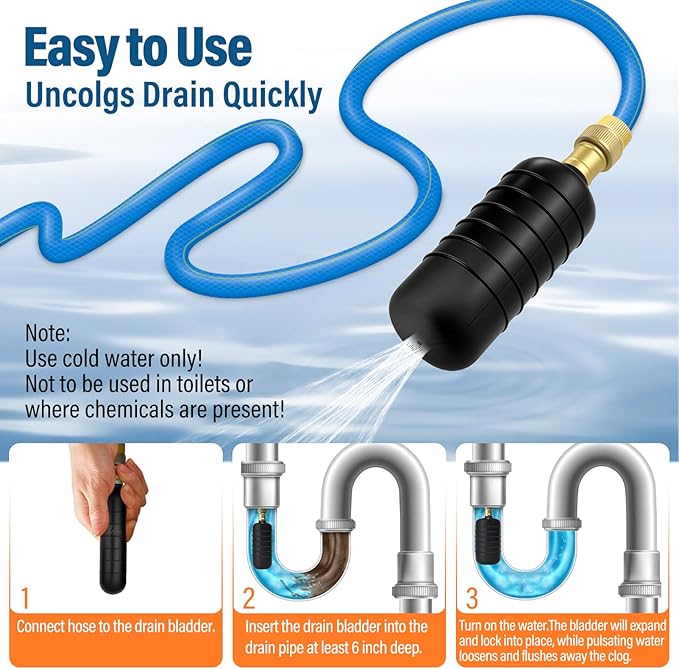 3 Pack Drain Bladder Kit, Rubber Drain Cleaning Bladder Fits 1”–6” Pipes, Unclogger for Sinks, Showers, Bathtubs, Pools, Main Drains & Outdoor Sewer Lines