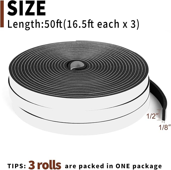 Yotache Adhesive Foam Tape 1/2" x1/8", Insulation Soundproofing Neoprene Rubber Door Weather Stripping, 3 x 16.5 Feet Each, Total 50 Feet Long