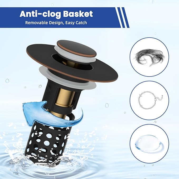 Universal Bathroom Sink Drain Strainer Hair Catcher Upgraded with Removable Stainless Steel Filter Basket, 3 in 1 Pop Up Sink Stopper for 1.1''~2.36'' Sink Basin Hole, Oil Rubbed Bronze