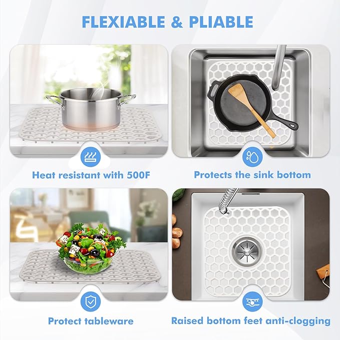 2 Pack Silicone Sink Protectors for Kitchen Sink - 12" x 11" Kitchen Grid Accessory, Non-Slip Heat-Resistant Mat for Bottom of Porcelain Stainless Steel, Dishwasher Safe (White)