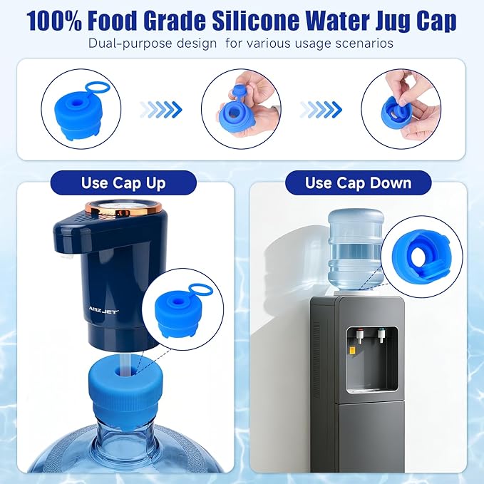 Dual Pump Water Dispenser for 5 Gallon Bottle, Electric Water Bottle Pump with Water Jug Cap, Powerful Flow, USB Rechargeable Automatic for Home, Office, Camping-Blue