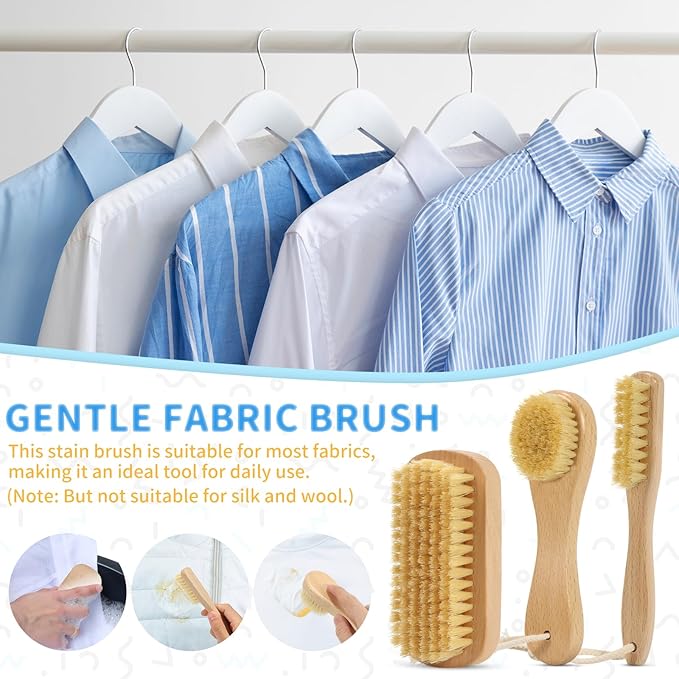 3-Piece Wooden Laundry Brush for Stains on Clothes - Gentle Boar Bristle Laundry Scrub Brush Stain Remover for Delicate and Everyday Fabrics