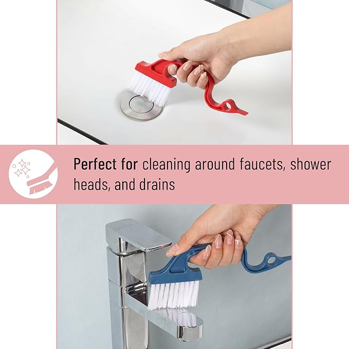 Slick- Window Track Cleaning Brush, 3 Pack, Colorful, Ergonomic Handle, Built-in Scraper, Multipurpose Window Track Cleaning Tools for Faucets, Shower Heads and Drains