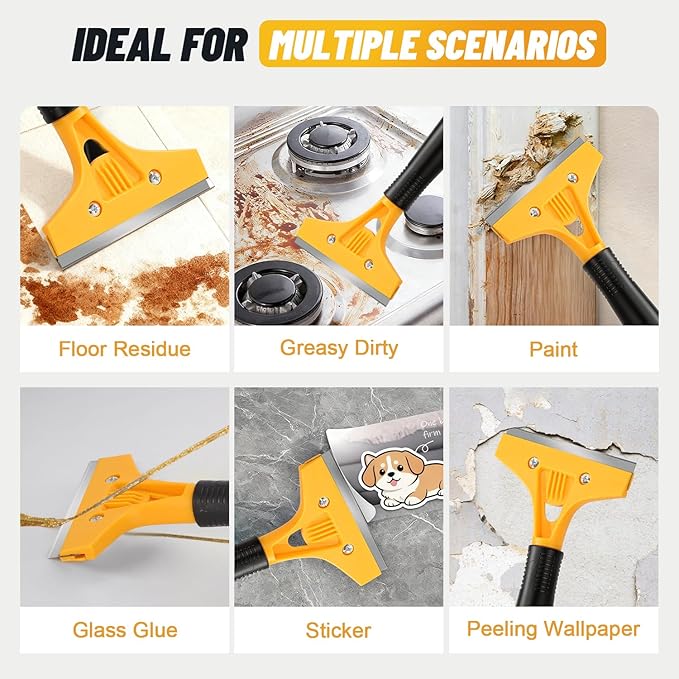 Floor Scraper Long Handle Heavy Duty, 8-72" Adjustable Razor Blade Scraper Tool with 10 Blades, 4 Inch Paint Scraper for Cleaning Floors, Walls, Tile, Glass, Adhesive, Gum, Popcorn Ceiling(2 Pack)