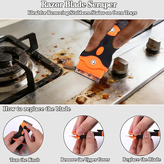 Heavy Duty Oven Cleaner Tools, 12 Pcs Oven Cleaning Accessories, Oven Cleaning Kit with Crevice Cleaning Brush, Razor Blade Scraper, Steel Wool Scrubber, Scrub Sponges, Pumice Stone, Cleaning Rags
