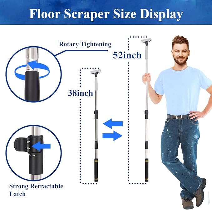 4"Razor Blade Floor Scraper with Long Handle,61in Adjustable Floor Scraper Heavy Duty with 10PCS Extra Metal Blades Paint Scraper for Cleaning Stickers Gum Glass Wall Tile (Silvery 52in)