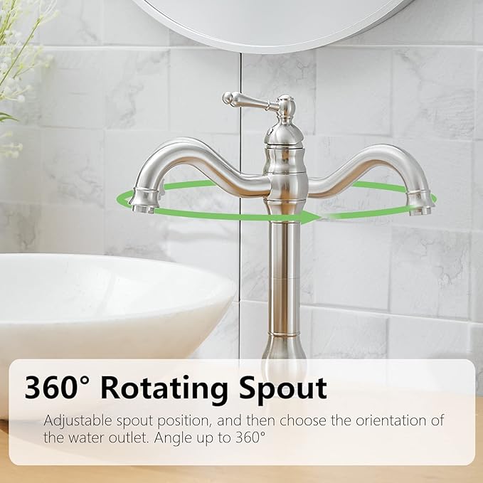 Brushed Nickel Vessel Sink Faucet 360° Swivel for Bathroom Single Hole Farmhouse Tall Commercial Vanity Matching Pop Up Drain Without Overflow