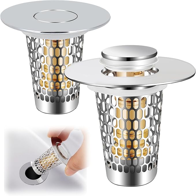 2Pack Bathroom Sink Stopper for 1-1.50in, Universal Drain Filter for US Stainless Steel Floor Drain Filter, Universal Bathroom Sink Drain Pop Up Stopper with Hair Strainer (Silver)