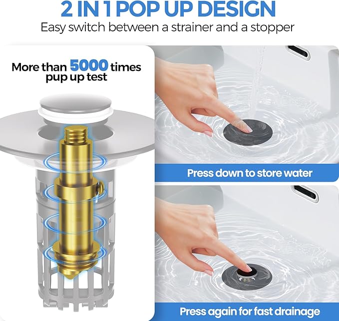 zaa Bathroom Sink Drain Strainer - Bathroom Sink Stopper, 2Pack Pop Up Sink Stopper with Removable Filter Strainer Basket for US Standard Bathroom Sink, Drain Plug Filter Replacement, Black