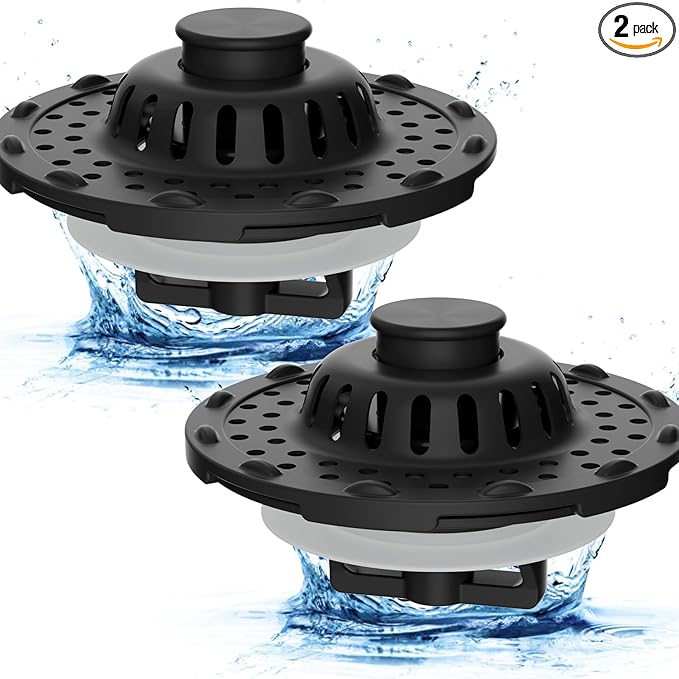 Metal 2 Pack Bathtub Drain Stopper with Top Hair Catcher, 3 in 1 Pop-up Bathtub Strainer, Tub Stopper with Detachable Stainless Steel Filter Basket for Standard 1.5 to 2.4'' Drain, Matte Black