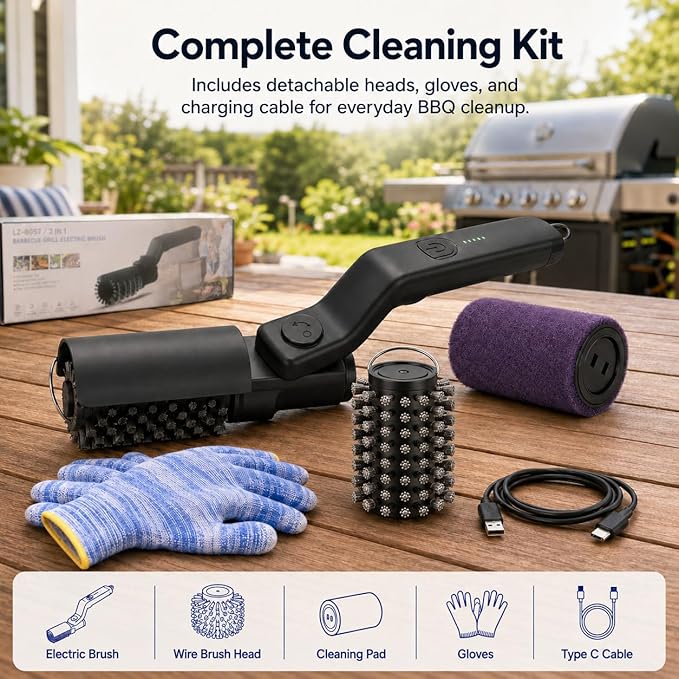 Vahrelo Grillmaster Pro Electric Grill Brush for Outdoor Grill, Cordless Rotary Cleaning Brush with Detachable Heads, Protective Cover, Type C Rechargeable BBQ Tool for Summer Cookouts